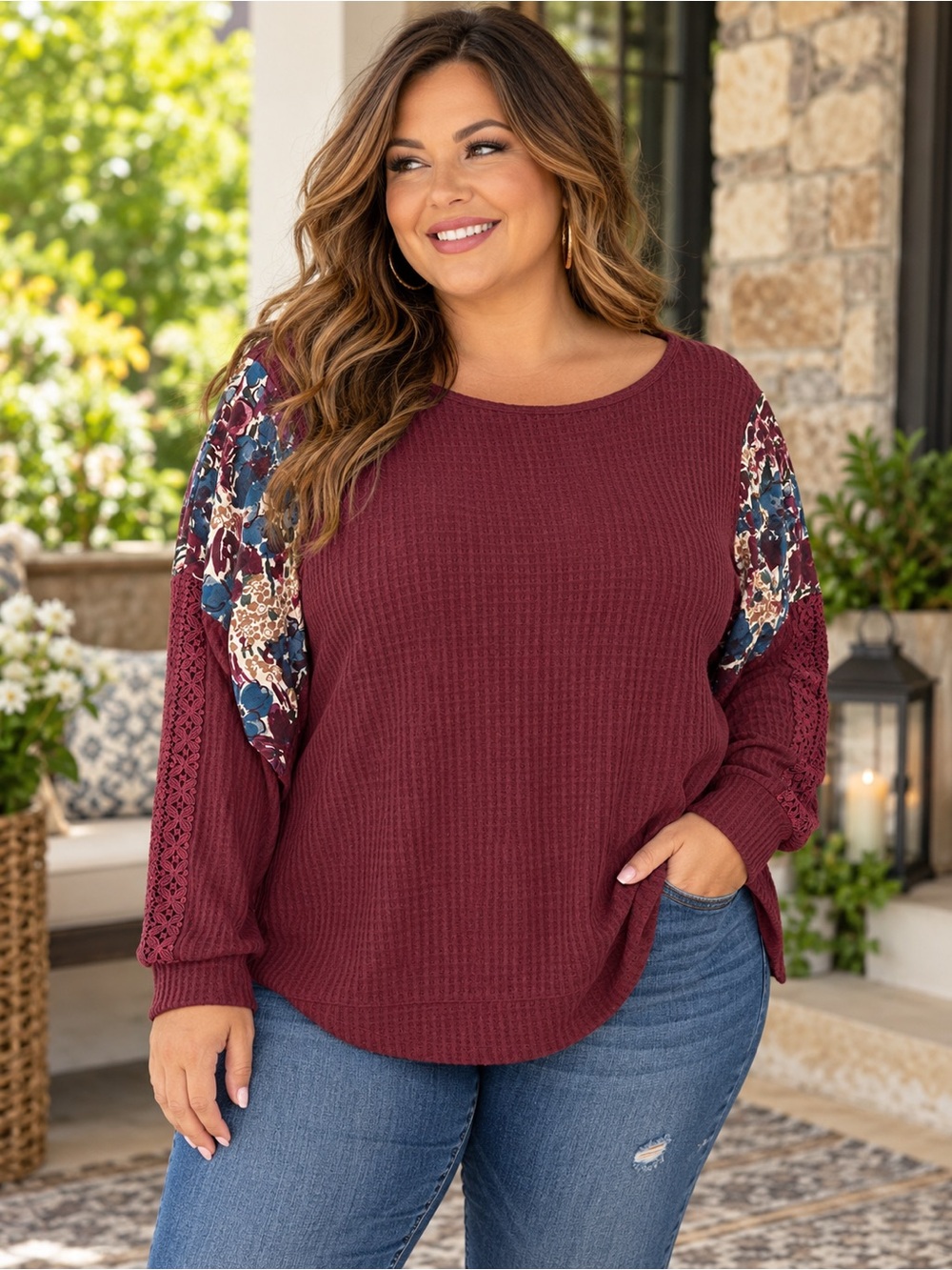 I.N. Studio Burgundy Waffle Knit Top with Floral Accent Sleeves Size XL